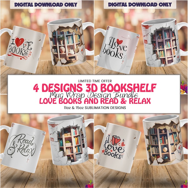 3D Book Mug Wrap Bundle, 3D Bookshelf Mug Sublimation, 3D Book Mug PNG, 3D Book Lover Mug, Sublimation PNG, 11oz Mug Design, 15oz Mug Design