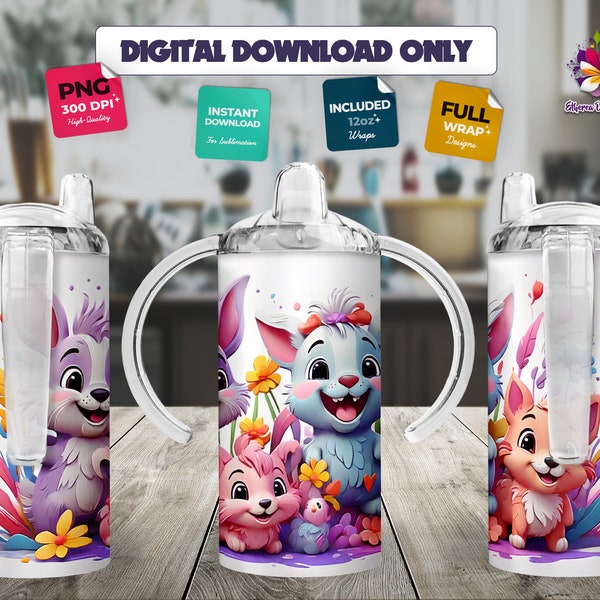 Kid's 3D Rabbit Rodents 12oz Sippy Cup Sublimation Design Instant Digital Download 12oz Tumbler Wrap PNG, Sippy Cup Wrap, Kids Water Bottle