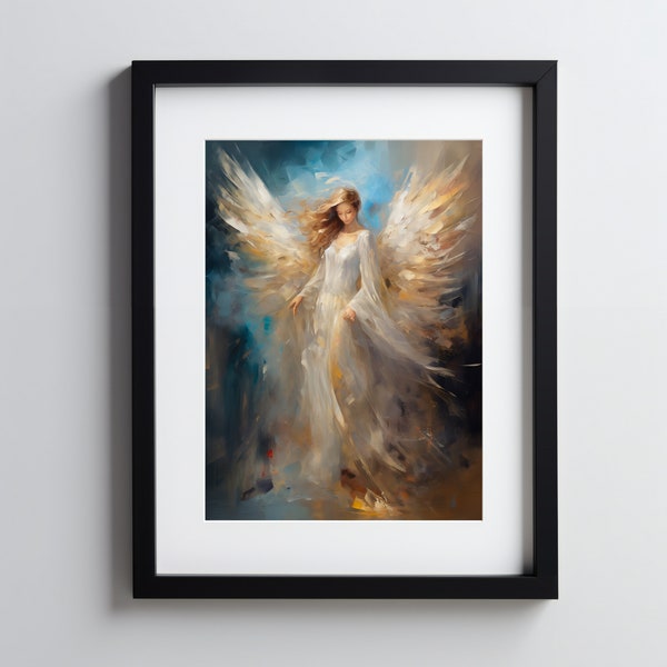 Guardian Angel painting, Oil Painting Angel poster , Praying Angel Print, Holy, Gift Idea, Uplifting Religious Art, Religious Poster