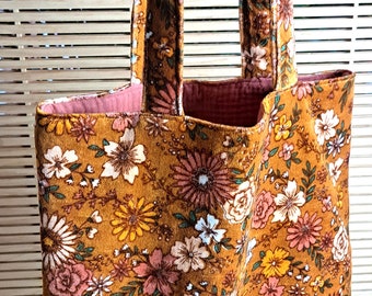 Brown floral velvet tote bag