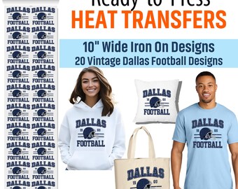 Vintage Dallas Football Iron-On Transfers – 20 Ready to Press DTF Film – Vintage Helmet Designs – Heat Press Decals for Garments