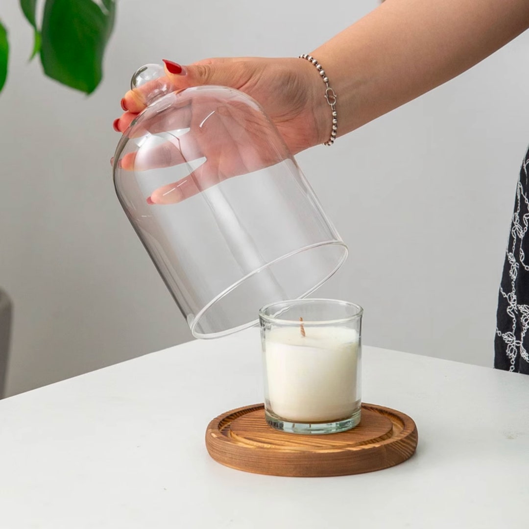 Cloche With Wooden Base Candle Cover With Knob Dark Wood Light Wedding