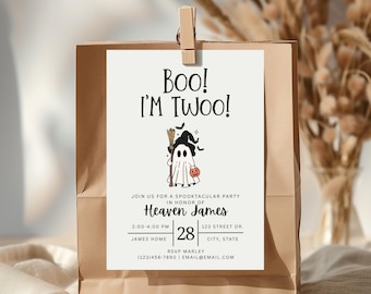 Two Spooky Birthday Invitation: Pink Ghost 2nd Birthday, Canva Template (Digital Download)