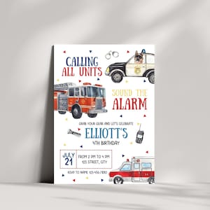 Emergency Vehicles Birthday Invitation, Editable First Responders Party, Police Officer, Firefighter Boy Invite, Calling All Units