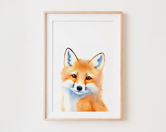 Baby Fox Print, Nursery Wall Art, Fox Digital Download Printable, Woodland Baby Animal Poster, Watercolor Baby Fox Print