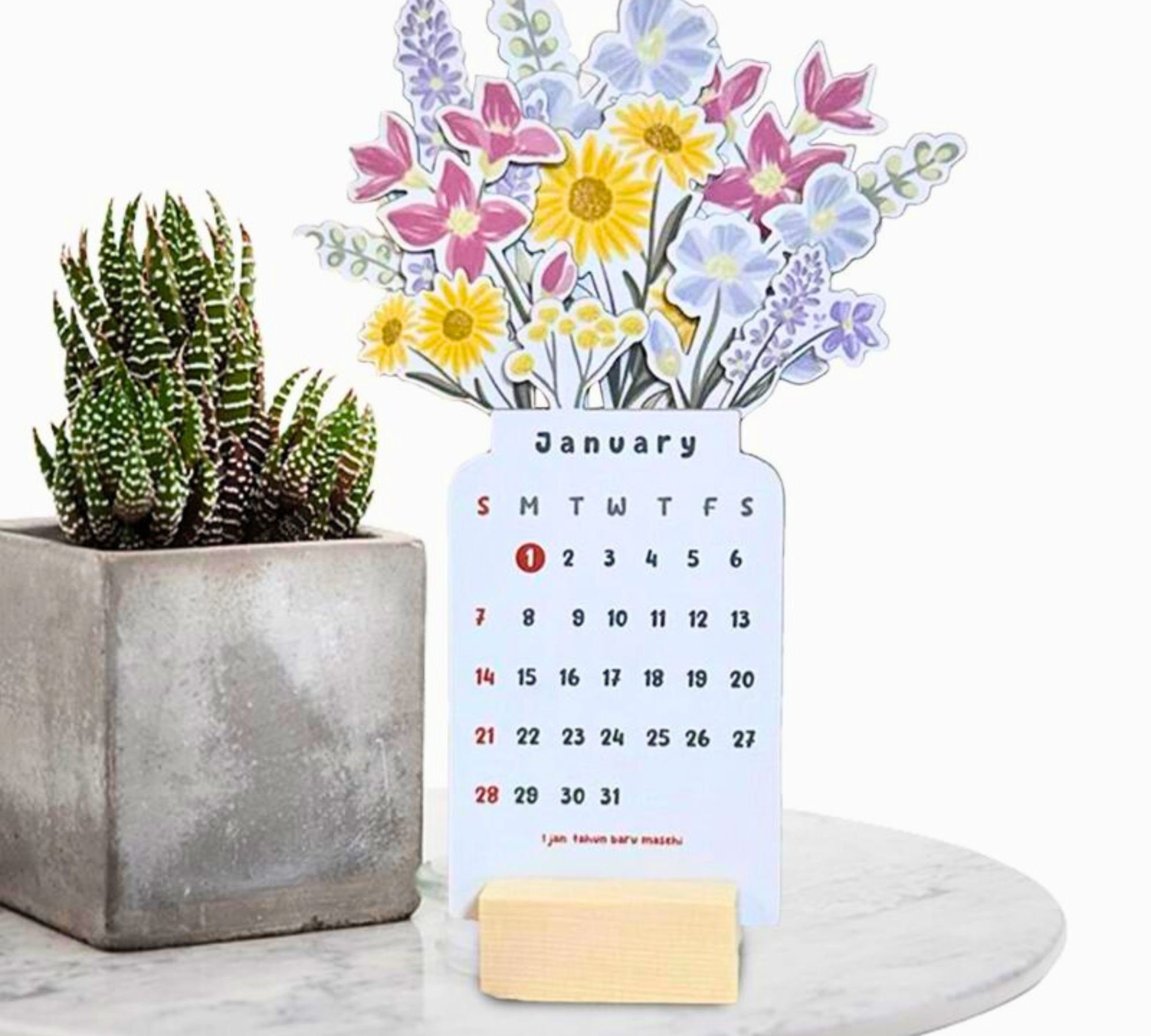 2024 Bloomy Flowers Desk Calendar Vase Shape Writable Compact Planner