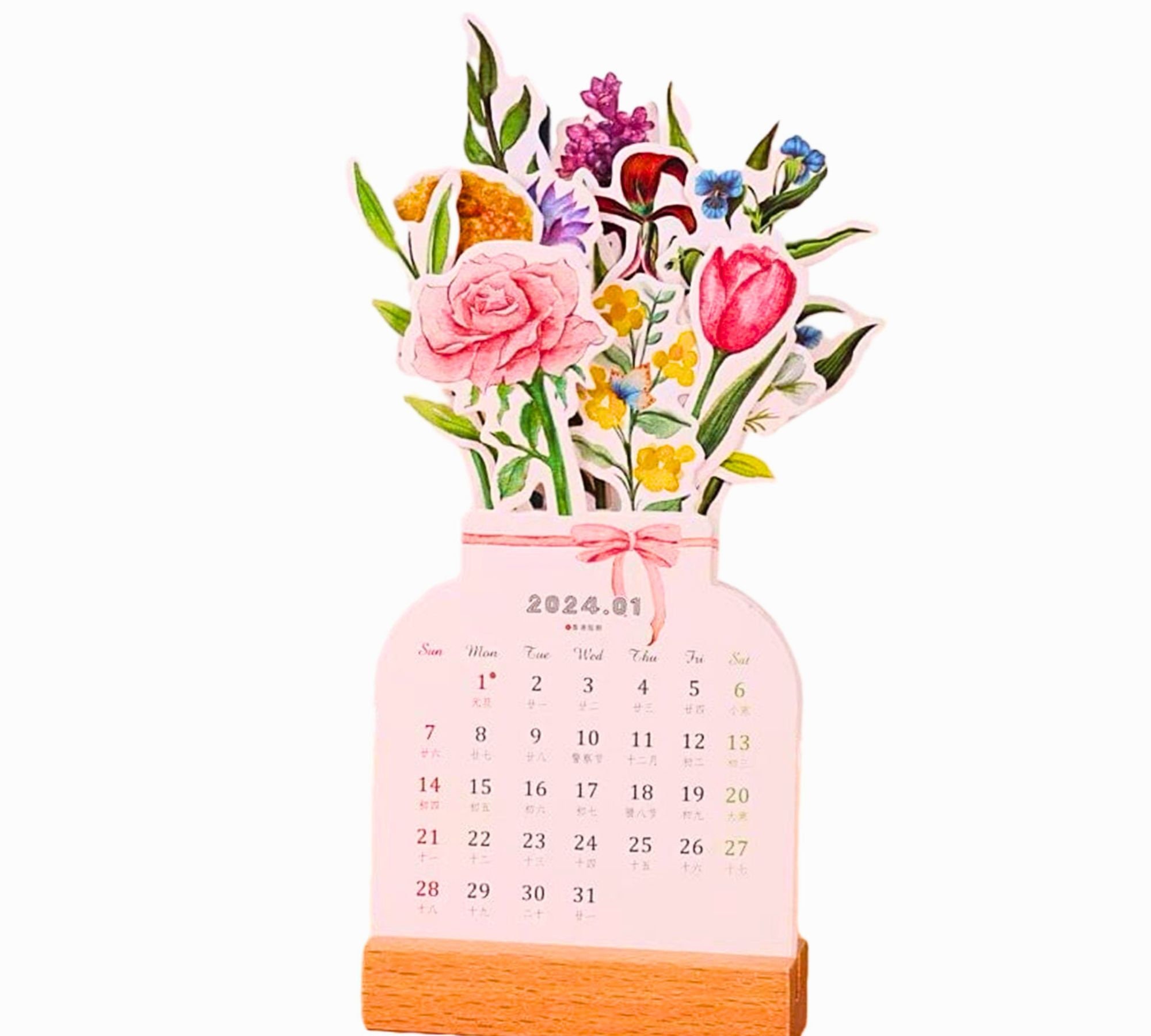 2024 Bloomy Flowers Desk Calendar Vase Shape Writable Compact Planner ...