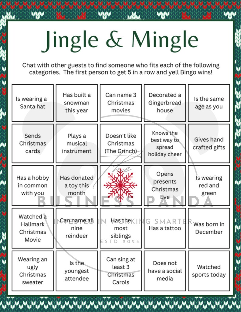 Jingle & Mingle Holiday Bingo Holiday Party Game Ice Breaker Game