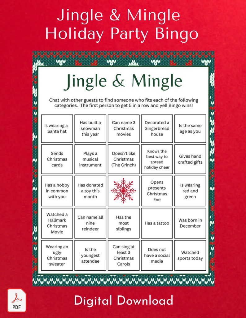Jingle & Mingle Holiday Bingo Holiday Party Game Ice Breaker Game