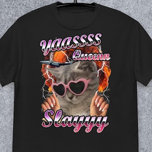 Yas Queen Slay Funny Cat Meme Tee Shirt Gift for Woman and Man, Ugly Silly Cats T-shirt, Ironic Tshirt, Funny Sayings Tee, Silly Joke Gifts,
