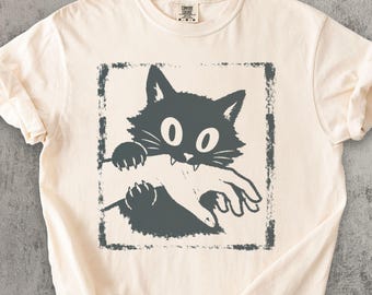 Funny Cat Biting Hand Shirt, Chaotic Black Cat Tee, Cute Mischievous Kitty Graphic T-Shirt, Cat Lover Gift, Vintage Cat Illustration