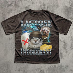 May include: A dark brown t-shirt with the words "LACTOSE INTOLERANT" in a silver, outlined font. The graphic features a cat wearing a helmet, a cow, a milk bottle with a red X, and a piece of cheese.