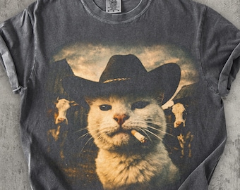 Funny Cowboy Cat T-shirt, Meme Shirts, Cats Lover Gift, Gag Gifts, Comfort Colors, Unisex Graphic Tee, Ironic Tshirts, Weird Tees