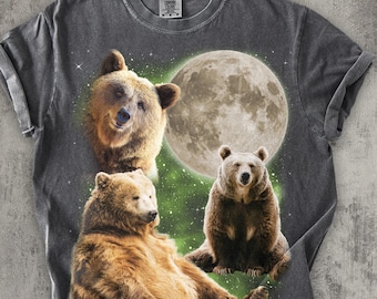 Bear Moon Vintage Graphic T Shirt, Retro Grizzly Bears Tee, Weird Shirts, Silly Tees, Gag Gifts,  Nature Lovers Gift, Unisex Cotton