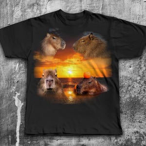 Four Capybaras Retro Graphic T-shirts, Vintage Capybara Sunset Tshirt, Rodent Gift, Capy Tee, Stupid Silly Gifts, Funny Ironic Shirt
