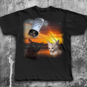 Three Cats Retro Graphic T-shirts, Oldschool Vintage Cat Sunset Tshirt, Cat Meme Gift, Feline Tee, Stupid Silly Gifts, Funny Ironic Shirt