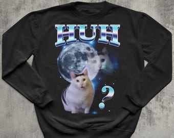 HUH Funny Cat Meme Sweatshirt, Silly Cats Sweater, Ugly Sweaters, Kitten Sweatshirts, Unhinged Clothes, Weird Tops, Confused Cat Top Gift