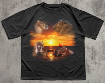 Four Capybaras Retro Graphic T-shirts, Vintage Capybara Sunset Tshirt, Rodent Gift, Capy Tee, Stupid Silly Gifts, Funny Ironic Shirt