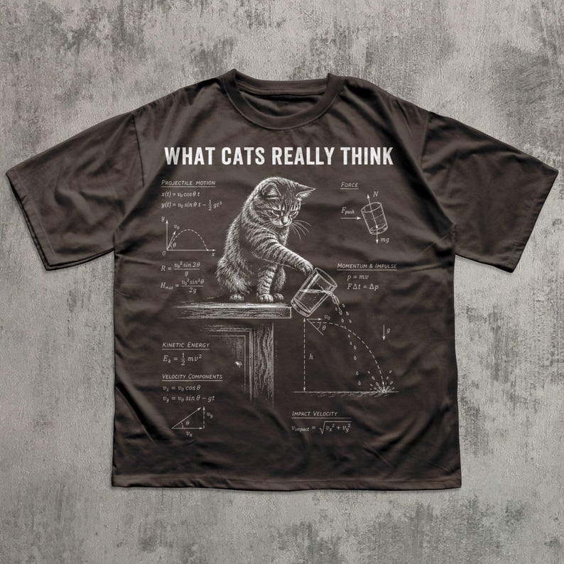 May include: A dark brown t-shirt featuring a white graphic of a cat pushing a glass off a table, surrounded by physics equations and diagrams. The text "WHAT CATS REALLY THINK" is printed in white at the top of the shirt design.