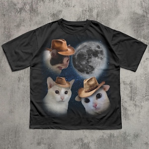 90s Retro Moon Vintage Funny Cowboy Cats Meme Tee Shirt Gift for Woman and Man, Silly Cat T-shirt, Ironic Tshirt, Weird Meme Shirts, Gifts
