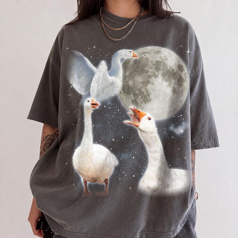 Op de afbeelding: Een antracietgrijs t-shirt met korte mouwen en een grafische print van drie witte ganzen in verschillende houdingen tegen een achtergrond van een grote volle maan en een sterrenhemel. De ganzen hebben oranje snavels en gedetailleerde veren.