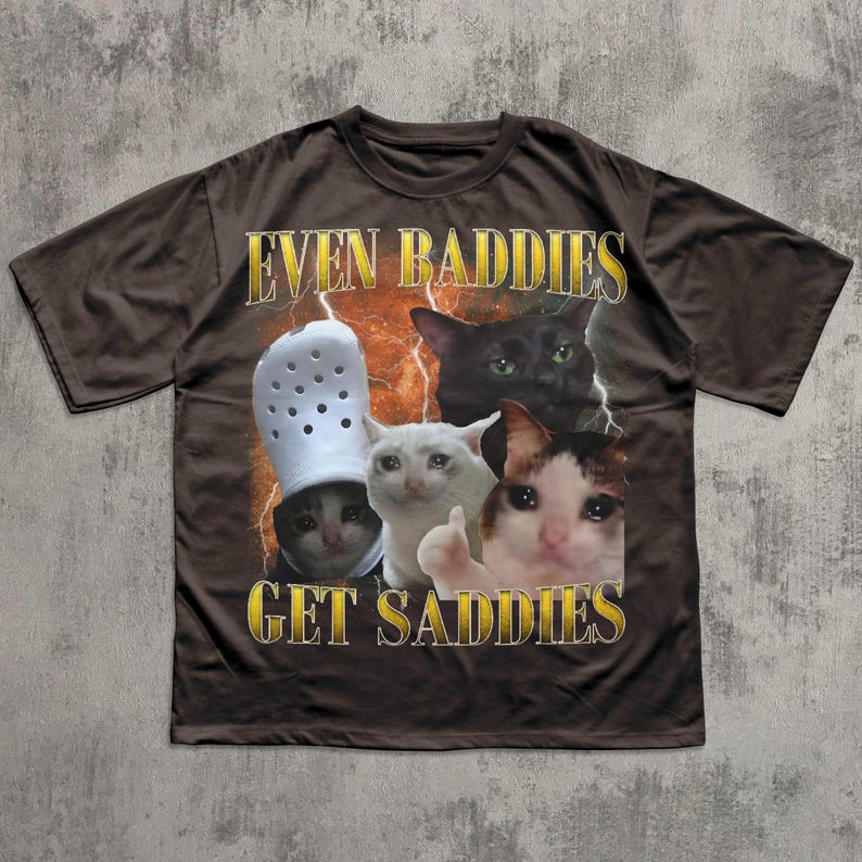 Even Baddies Get Saddies Funny Cat Meme Tee Shirt, Silly Cats T-shirt, Brainrot Shirts, Dank Memes Tshirt, Cringe Clothes, Ironic Gifts Dark Chocolate