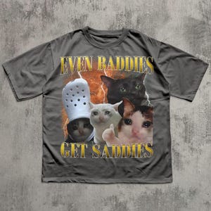 Even Baddies Get Saddies Funny Cat Meme Tee Shirt, Silly Cats T-shirt, Brainrot Shirts, Dank Memes Tshirt, Cringe Clothes, Ironic Gifts Charcoal