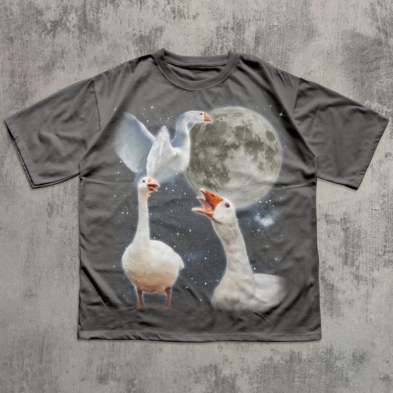 Op de afbeelding: Een antracietgrijs T-shirt met korte mouwen en een grafische print van drie witte ganzen tegen een donkere nachtelijke hemel. E&eacute;n gans vliegt met gespreide vleugels, &eacute;&eacute;n staat op de grond en &eacute;&eacute;n gans snatert met open snavel bij de volle maan.