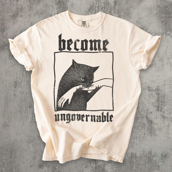 Become Ungovernable Funny Graphic Cat Biting Hand T-shirt, Vintage Graphic Tee, Silly Cats Shirt, Comfort Colors, Unisex Cotton, Gag Gifts