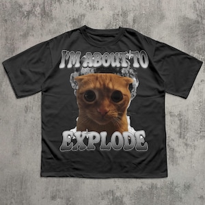 May include: Black t-shirt featuring a large, orange cat with oversized eyes. The text "I'M ABOUT TO EXPLODE" is printed above and below the cat in a stylized, silver font. The cat's image is centered on the shirt.