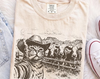 Cowboy Cat Shirt, Western Cat T-Shirt, Funny Cat Lover Tee, Smoking Cat Graphic Shirt, Ranch Cat Shirt, Cow Lover Gift, Vintage Western Tee