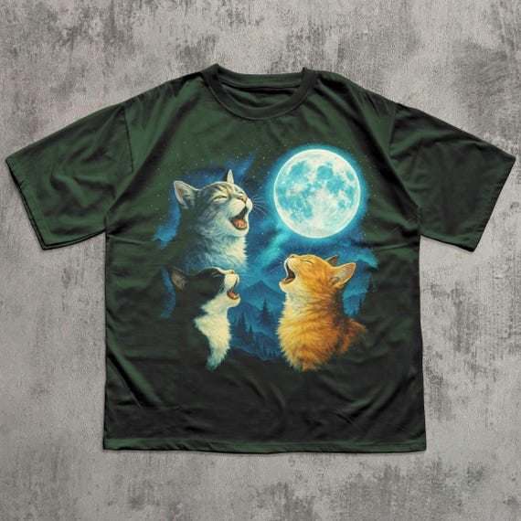 90年代風レトロ猫が月に向かってニャーニャー鳴くTシャツ