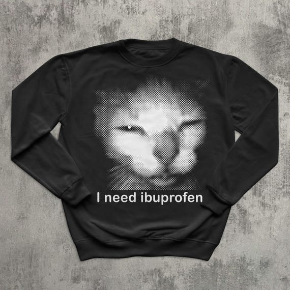 I need Ibuprofen Funny Cat Meme Sweatshirt, Silly Sweater, Ironic Tops, Gift for Her Him, Gag Gifts, Cats Sweatshirts