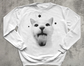 Sudadera retro Y2K con gato extravagante, suéter gráfico vintage, regalo para amantes de los gatos, top de gatito, tops de moda, sudaderas de los 2000, ropa de los 90