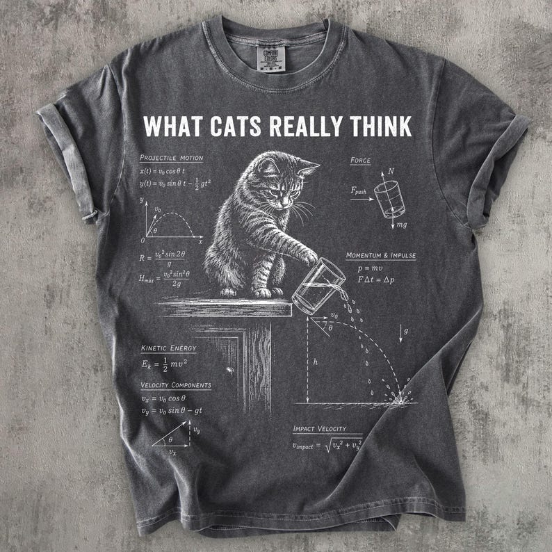 May include: A charcoal gray t-shirt featuring a white graphic of a cat pushing a glass off a ledge, surrounded by physics equations and diagrams. The text reads WHAT CATS REALLY THINK, along with labels for Projectile Motion, Force, and Kinetic Energy.