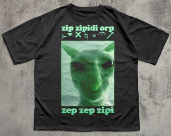 Funny Alien Cat Dank Meme Tee Shirt Gift for Woman and Man, Brainrot T-shirt, Ugly Shirts, Stupid Cringe Tshirt, Alien Invasion Memes, Gifts