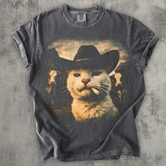 Funny Cowboy Cat T-shirt, Meme Shirts, Cats Lover Gift, Gag Gifts, Comfort Colors, Unisex Graphic Tee, Ironic Tshirts, Weird Tees