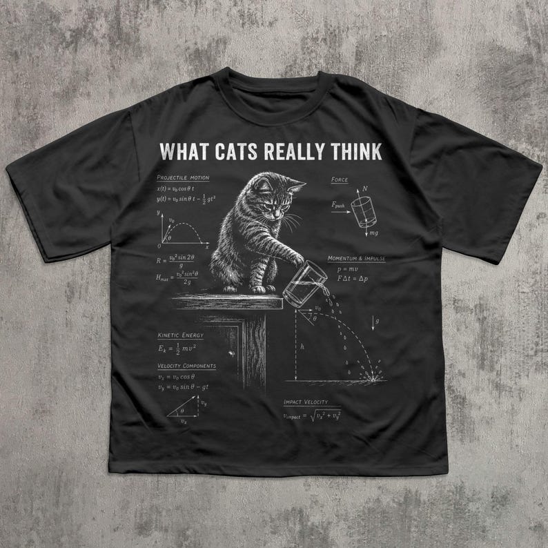 May include: A black t-shirt featuring a white graphic of a cat pushing a glass off a table, surrounded by physics equations and the text "WHAT CATS REALLY THINK". The design includes diagrams for projectile motion, force, and kinetic energy.