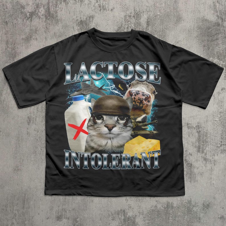 May include: Black t-shirt with a graphic design featuring a cat wearing a helmet, a cow, a milk bottle with a red X, and a cheese wedge. The text "LACTOSE INTOLERANT" is displayed in a silver font.