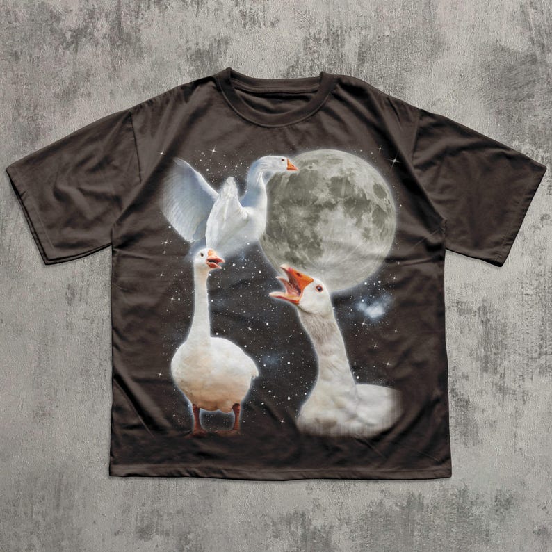 Op de afbeelding: Een donkerbruin t-shirt met korte mouwen en een grafische print van drie witte ganzen in een nachtelijke hemel. Het ontwerp bevat een grote volle maan, verspreide witte sterren en de ganzen in verschillende houdingen tegen de achtergrond.