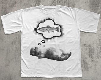 Funny Cat Dreaming Of Fish T-shirt, Vintage Graphic Tee, Retro Y2k Sleeping Kitten Shirt, Silly Shirts, Ironic Tshirt, Gift for Her Him