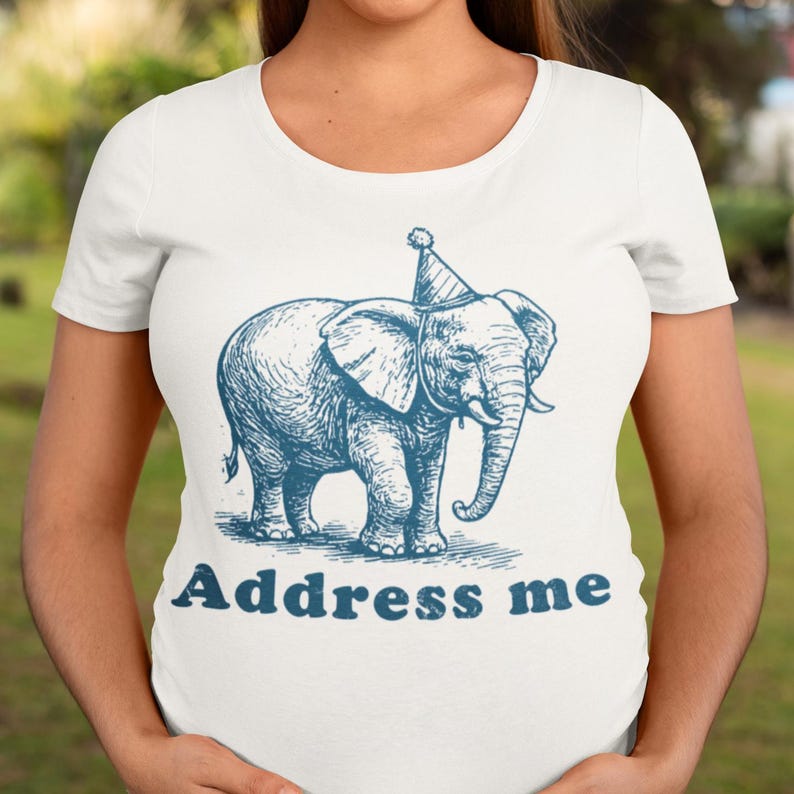 May include: White t-shirt with a blue illustration of an elephant wearing a party hat. The text "Address me" is printed below the elephant. The shirt has a round neckline and short sleeves.