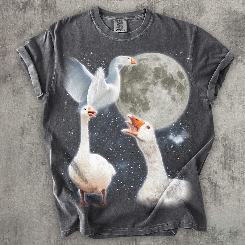Op de afbeelding: Een antracietgrijs T-shirt met korte mouwen en een grafische print van drie witte ganzen tegen een nachtelijke hemel. Het ontwerp bevat een grote volle maan, verspreide witte sterren en de ganzen in verschillende houdingen.