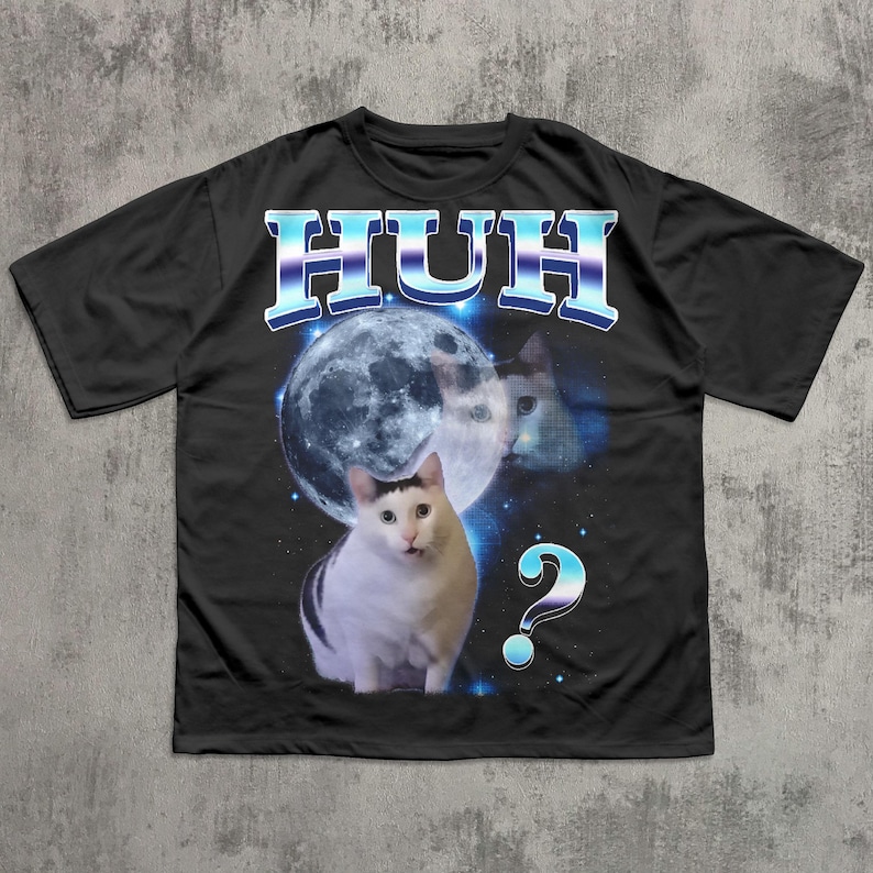 HUH - Camiseta divertida con meme de gato, regalo para mujer y hombre, camisetas feas, camiseta desquiciada, ropa de gatos tontos, camiseta de colores cómodos, regalos Black