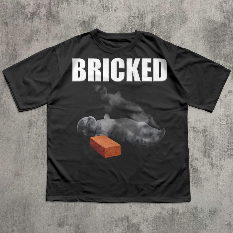 May include: Black t-shirt with the word "BRICKED" in white block letters. The shirt features a graphic of a person lying down with a brick next to them. The brick is a reddish-orange color.