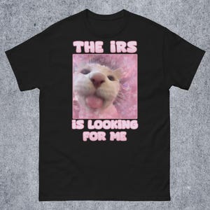 The IRS is looking for me Funny Cat Meme T-shirt Gift for Woman and Man, Ironic Silly Cats Tee Shirt, Goofy Gifts, Stupid Unhinged Shirts