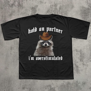 May include: Black t-shirt featuring a raccoon wearing a brown cowboy hat. The text "hold on partner" is above the raccoon, and "I'm overstimulated" is below. The raccoon has a white and gray face.