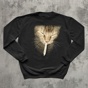 Puede incluir: Sudadera negra con una imagen en primer plano de un gato con los ojos cerrados, sosteniendo un cigarrillo encendido. El gato tiene pelaje marrón y canela. La sudadera es de estilo casual.