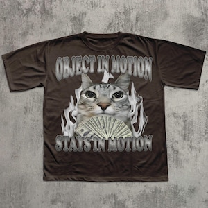 May include: Brown t-shirt featuring a cat graphic holding money, with the text "OBJECT IN MOTION STAYS IN MOTION" in a silver font. The cat is surrounded by a white flame design.