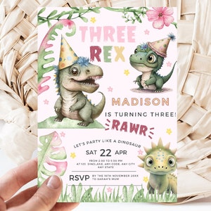 Three Rex Birthday Invitation Girl: Dinosaur Party, Editable Template (Digital Download)